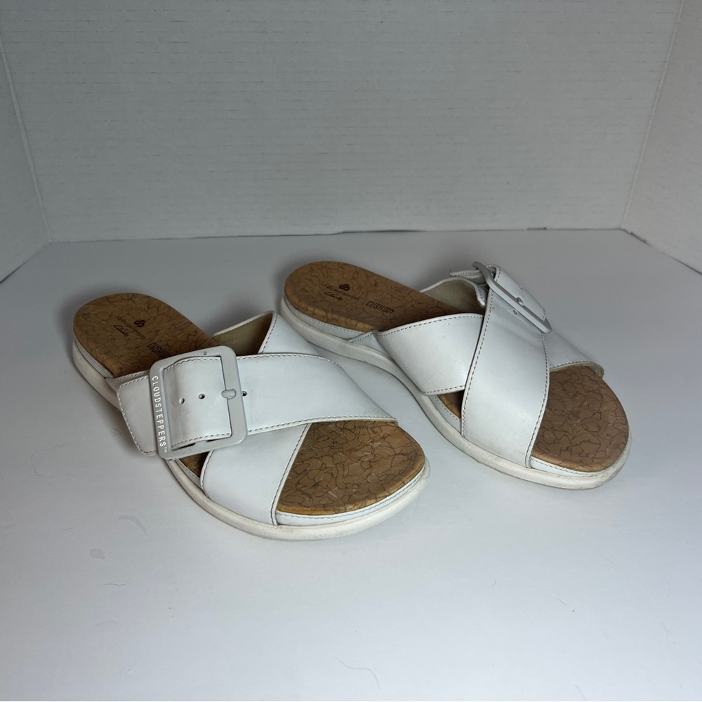 Clarks Womens Eliza April Slides Sandals White Buckle Slip Ons 6M